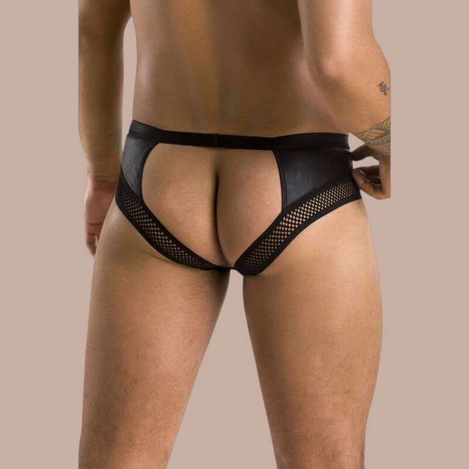 Pleasurements Passion 030 Open Slip Tom in zwart met open achterkant en mesh details voor een gedurfde look.