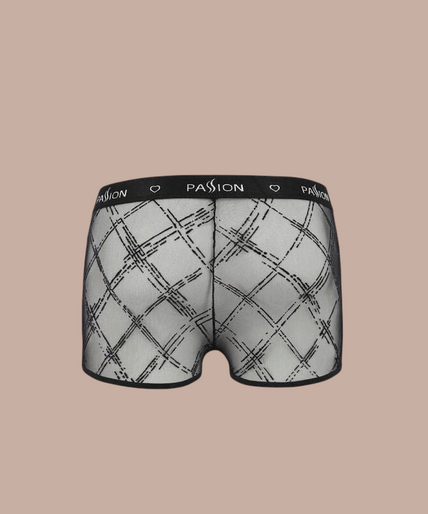 Passion – 032 Short James Schwarz S/m Pleasurements Passion 032 Shorts James in zwart met een transparant ruitpatroon en elastische tailleband.