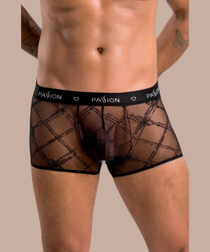 Passion – 032 Short James Schwarz S/m Pleasurements Passion 032 Shorts James in zwart met een transparant ruitpatroon en elastische tailleband.