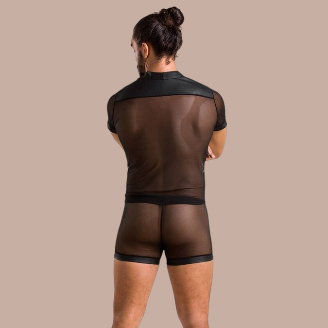Pleasurements Passion 052 Set Michael zwart herenondergoed set van transparante mesh met lederlook details