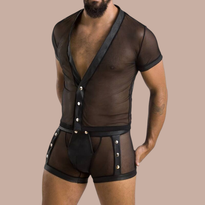 Pleasurements Passion 052 Set Michael zwart herenondergoed van transparante mesh met lederlook details en drukknopen