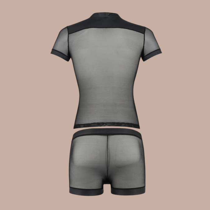 Pleasurements Passion 052 Set Michael zwarte herenset bestaande uit een transparant mesh shirt en bijpassende boxershort