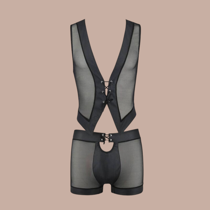 Pleasurements Passion 053 Set William zwart herenondergoedset met doorschijnende mesh en vetersluiting