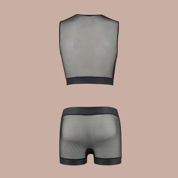 Pleasurements Passion 053 Set William zwarte herenondergoedset van transparante mesh met zwarte boorden