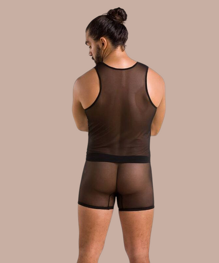 Passion – 054 Set Oscar Schwarz S/m Pleasurements Passion 054 Oscar set in zwart, een verleidelijk herenondergoed met mesh details en kruisende bandjes.