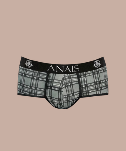 Anais Men – Balance Brief XL Pleasurements Anais Men Balance Brief met grijs ruitpatroon en zwarte tailleband gedragen door een model