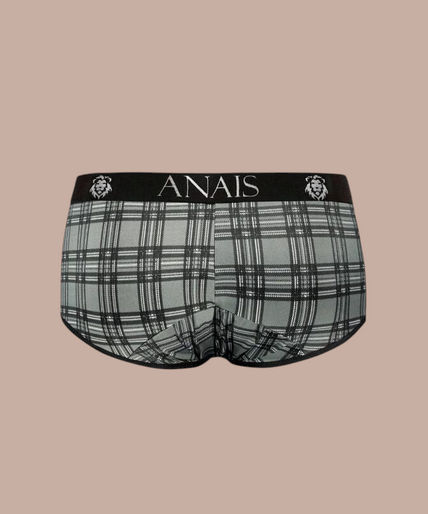 Anais Men – Balance Brief XL Pleasurements Anais Men Balance Brief met grijs ruitpatroon en zwarte tailleband gedragen door een model