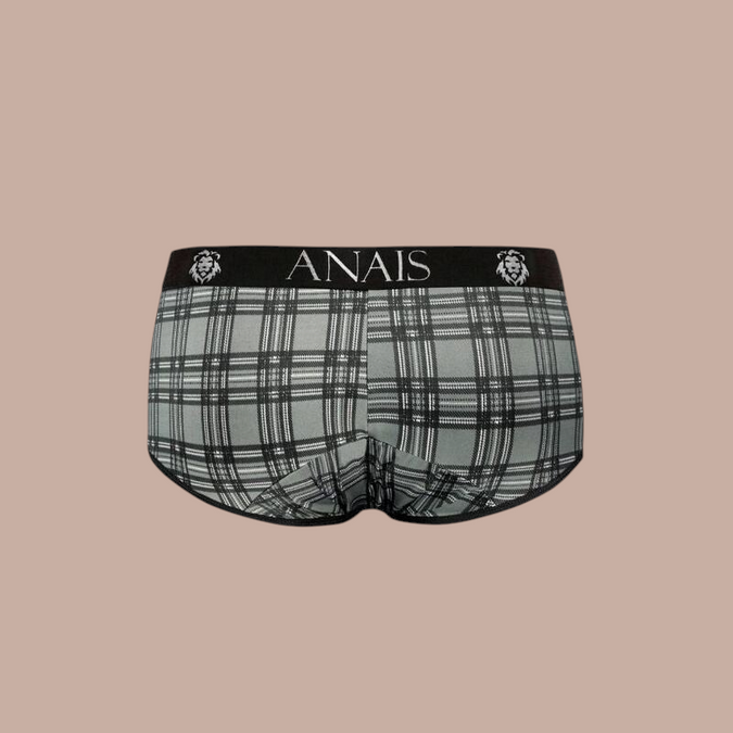 Pleasurements Anais Men Balance Brief in grijs met zwart ruitpatroon en elastische tailleband met merklogo