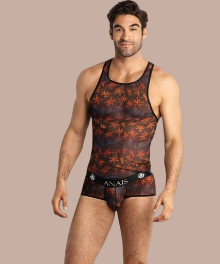 Anais Men – Chill Top XL Pleasurements Anais Men Chill Top in doorschijnende stof met kleurrijk bladmotief en zwarte bies