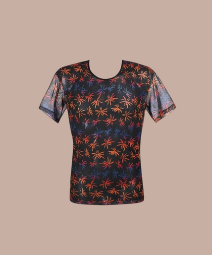 Anais Men – Chill T-Shirt M Pleasurements Anais Men Chill T-shirt met transparante stof en kleurrijk palmbladpatroon gedragen door een model