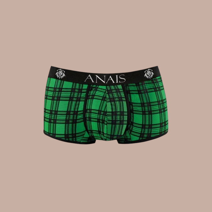 Pleasurements Anais Men Magic Boxer in groen met zwart ruitpatroon en elastische tailleband met logo