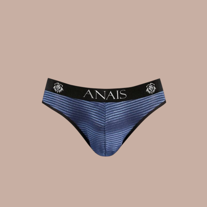 Pleasurements Anais Men Naval Slip in blauw met gestreept patroon en zwarte tailleband met merklogo