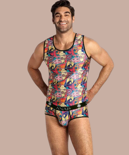 Anais Men – Comics Top S Pleasurements Anais Men Comics Top met kleurrijke stripboekprint en zwarte bies voor een expressieve look.