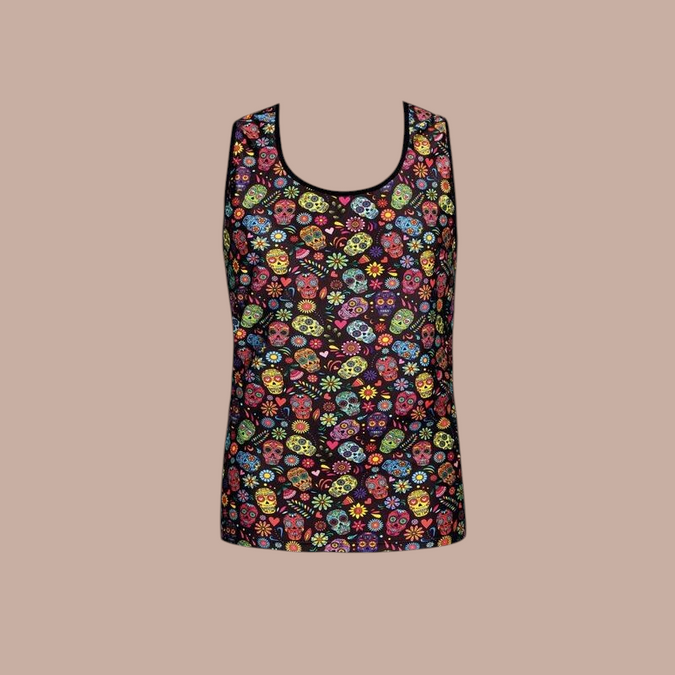 Pleasurements Anais Men Mexico top met kleurrijke schedel- en bloemenprint op een zwarte achtergrond