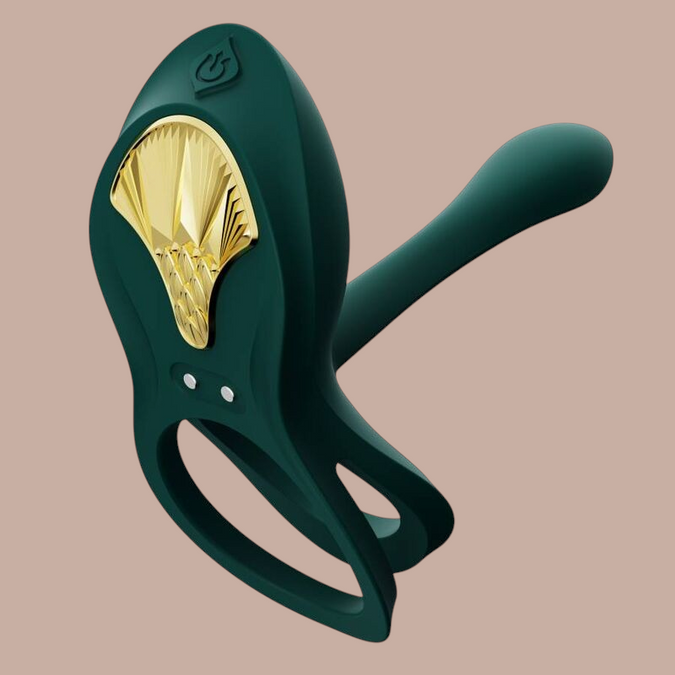 Pleasurements Zalo Bayek vibrerende koppelring in groen siliconen met gouden accenten en ergonomisch ontwerp