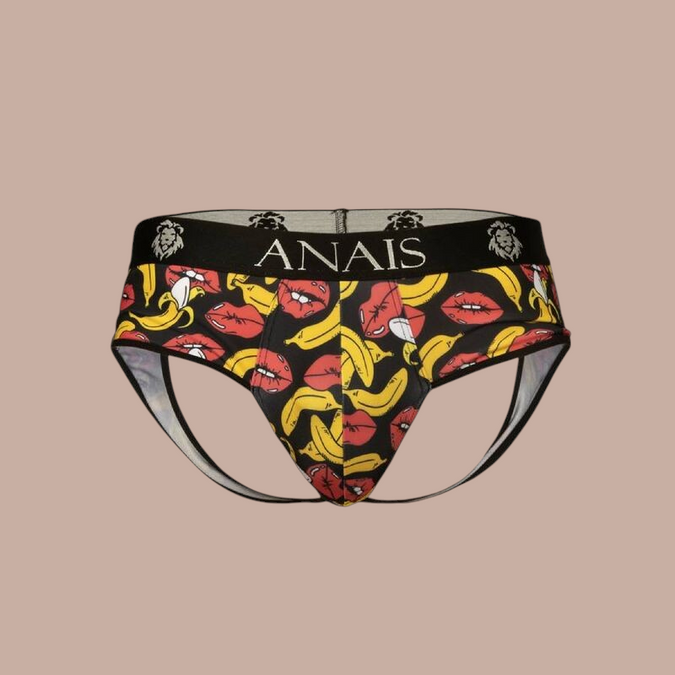 Pleasurements Anais Men Banana Jock Bikini met opvallende bananen- en lippenprint en zwarte elastische tailleband.