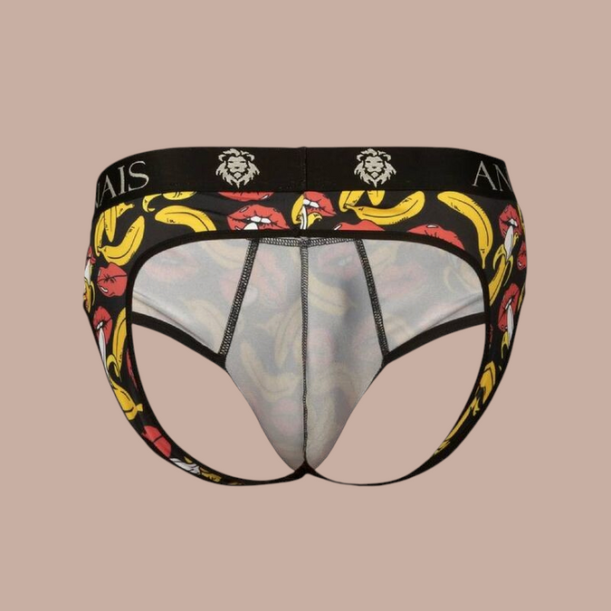 Pleasurements Anais Men Banana Jock Bikini met opvallende bananen- en lippenprint en zwarte elastische tailleband.