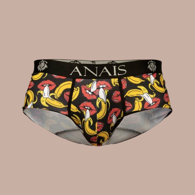 Pleasurements Anais Men Banana Brief met speelse bananen- en lippenprint en zwarte tailleband met merklogo.