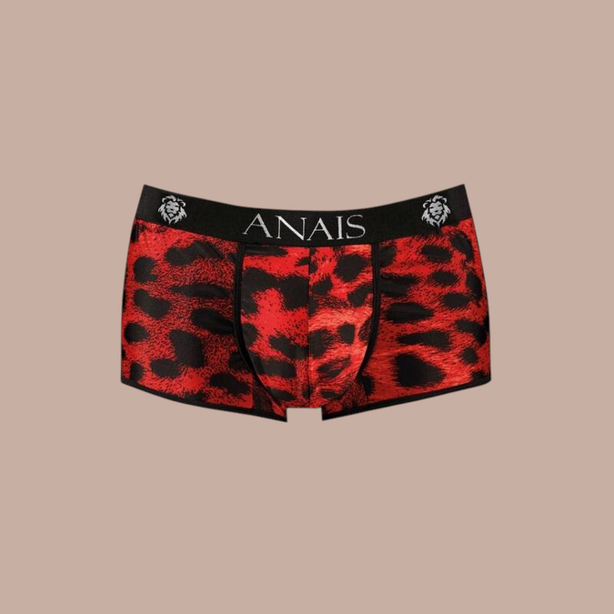 Pleasurements Anais Men Savage boxer met rood en zwart luipaardpatroon en zwarte tailleband met merklogo
