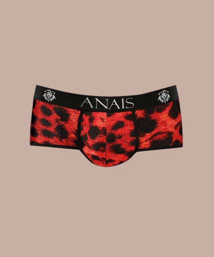 Anais Men – Savage Brief | Premium Men’s Underwear Pleasurements Anais Men Savage brief in rood met zwart luipaardpatroon en elastische tailleband met merklogo