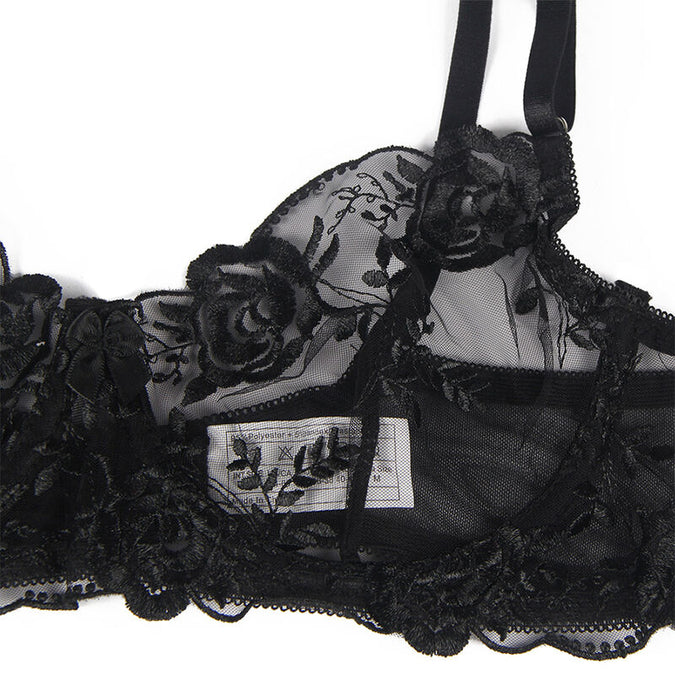 Subblime – 3-teiliges Set BH + Tanga + Strapshalter Blumenmuster Schwarz S/m