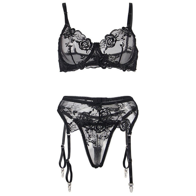 Subblime – 3-teiliges Set BH + Tanga + Strapshalter Blumenmuster Schwarz L/xl