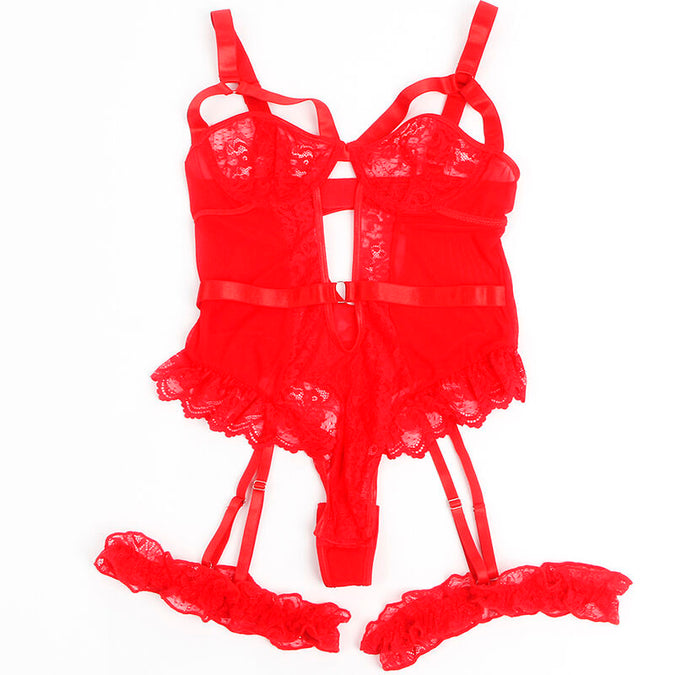 Subblime – Teddy mit Strapshalter, Spitzen-Detail und Streifen Rot S/m