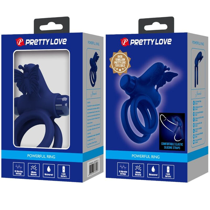 Pretty Love – Jamele Doppelring mit Vibration & Schmetterlingsstimulator Blau