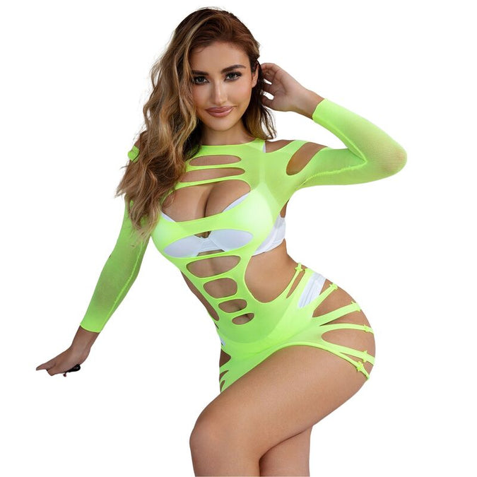 Subblime – 952280 Groene Lange Mouwen Elastische Visnet Jurk One Size