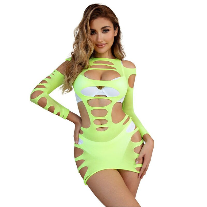 Subblime – 952280 Groene Lange Mouwen Elastische Visnet Jurk One Size
