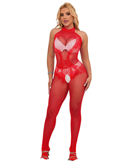 Subblime – 952372 Fishnet And Lace Crotchless Bodystocking With High Neck Red One Size Subblime – 952372 Fishnet And Lace Crotchless Bodystocking With High Neck Red One Size
