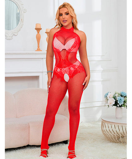 Subblime – 952372 Fishnet And Lace Crotchless Bodystocking With High Neck Red One Size Subblime – 952372 Fishnet And Lace Crotchless Bodystocking With High Neck Red One Size