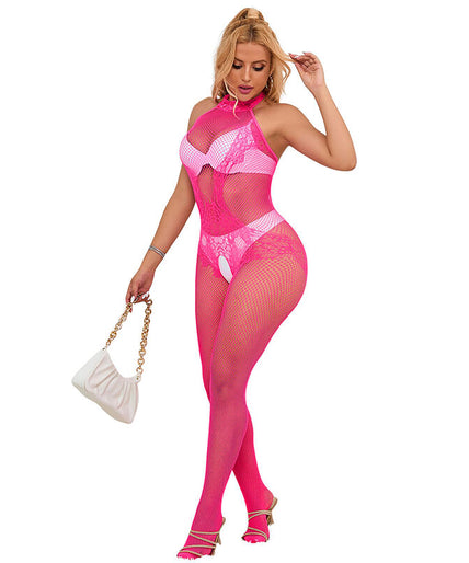 Subblime – 952389 Fishnet And Lace Crotchless Bodystocking With High Neck Pink One Size Subblime – 952389 Fishnet And Lace Crotchless Bodystocking With High Neck Pink One Size