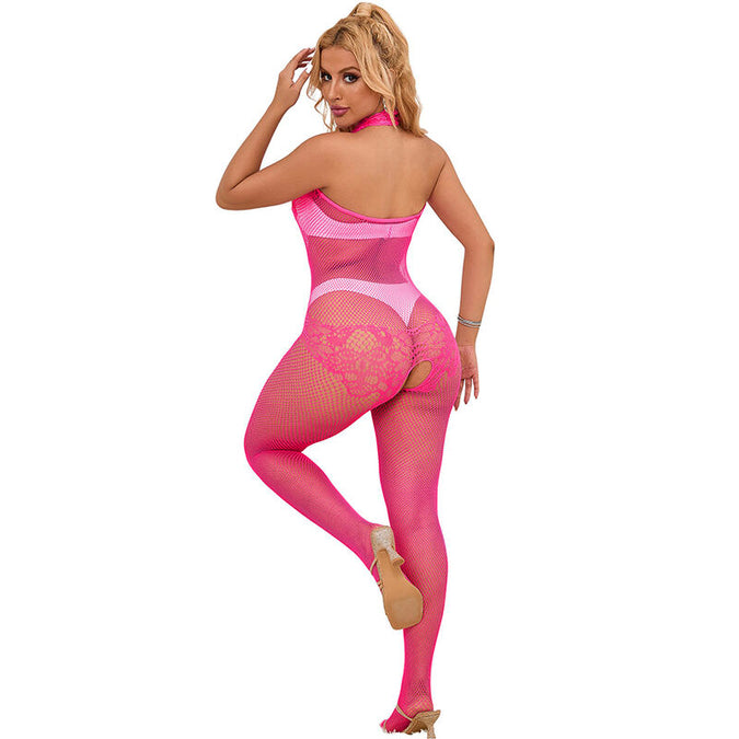 Subblime – 952389 Fishnet And Lace Crotchless Bodystocking With High Neck Pink One Size