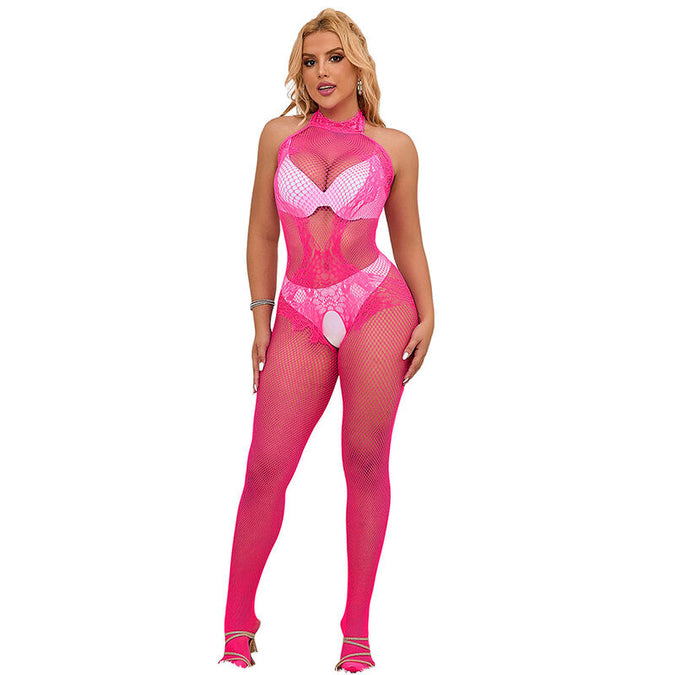 Subblime – 952389 Fishnet And Lace Crotchless Bodystocking With High Neck Pink One Size