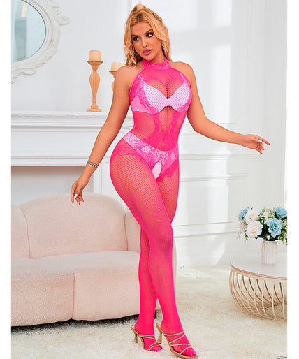 Subblime – 952389 Fishnet And Lace Crotchless Bodystocking With High Neck Pink One Size Subblime – 952389 Fishnet And Lace Crotchless Bodystocking With High Neck Pink One Size