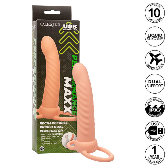 Calexotics – Maxx Ribbelige Dubbele Penetrator met 10 Vibraties, Huidkleurig