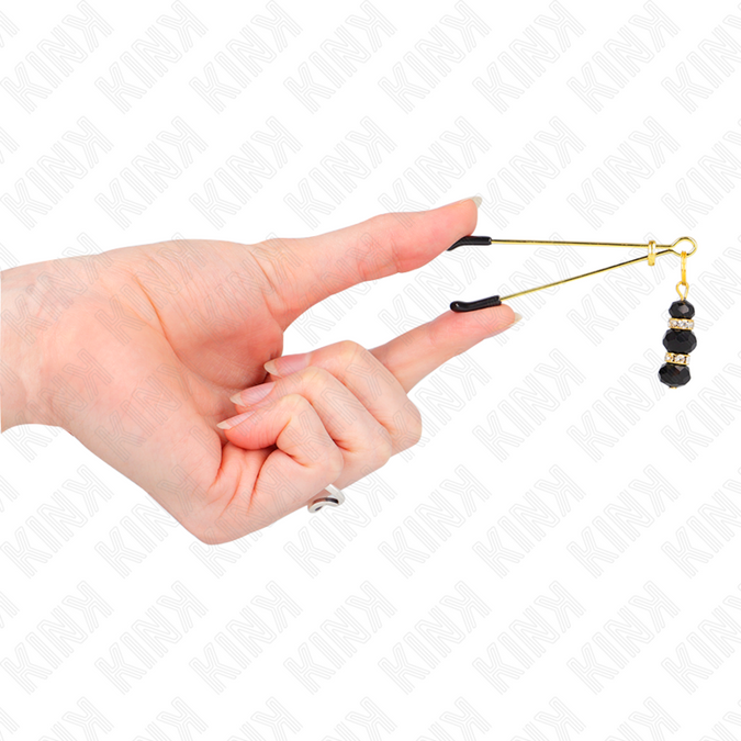 Kink – Dünne goldene Nippelklemmen mit 3 schwarzen Glasperlen 7 cm