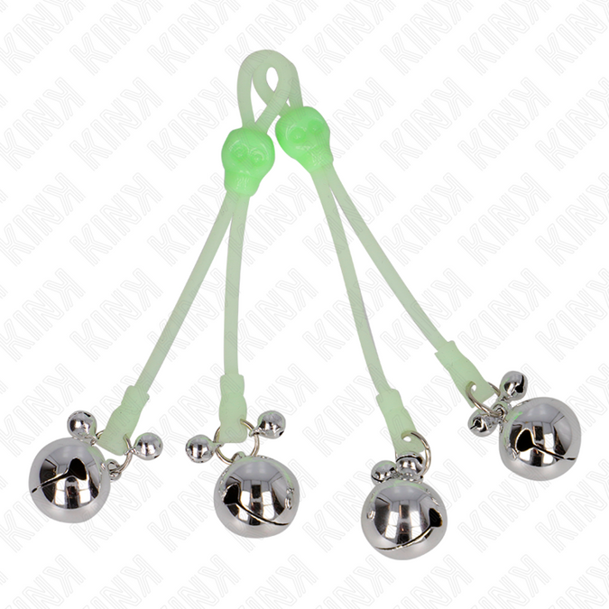 Kink – Leuchtende Totenkopf-Brustwarzenklemmen mit Ringglocken Verstellbar Grün / Silber