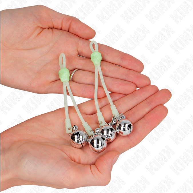 Kink – Leuchtende Totenkopf-Brustwarzenklemmen mit Ringglocken Verstellbar Grün / Silber