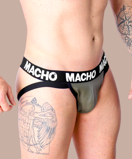 Macho – Mx27gr Leder Jock Grau Beige XL Pleasurements Macho Mx27gr jockstrap in grijsbeige imitatieleer met een elastische Macho-tailleband