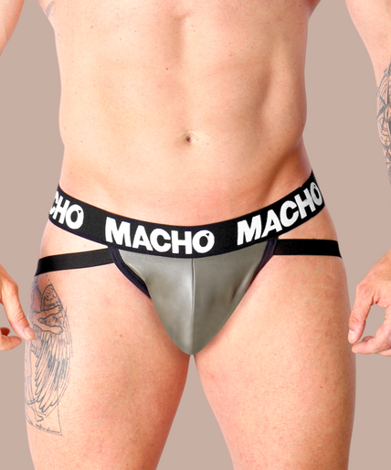 Macho – Mx27gr Leder Jock Grau Beige XL Pleasurements Macho Mx27gr jockstrap in grijsbeige imitatieleer met een elastische Macho-tailleband