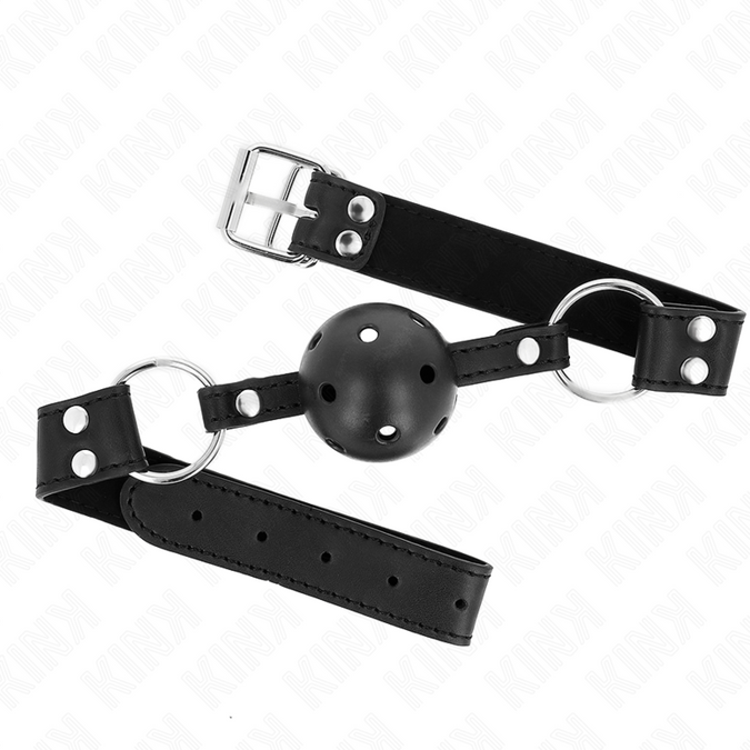 Kink – Atmungsaktiver Ballknebel 4 cm mit doppelter Niete Modell 1 Schwarz 62,5 x 2,5 cm verstellbar 42 – 58 cm