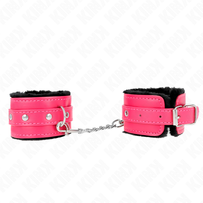 Kink – Core Fur Lined Wrist Restraints Black With Raspberry Rose Belt Adjustable 17 – 29 Cm X 6 Cm