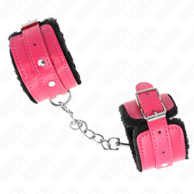 Kink – Core Fur Lined Wrist Restraints Black With Raspberry Rose Belt Adjustable 17 – 29 Cm X 6 Cm