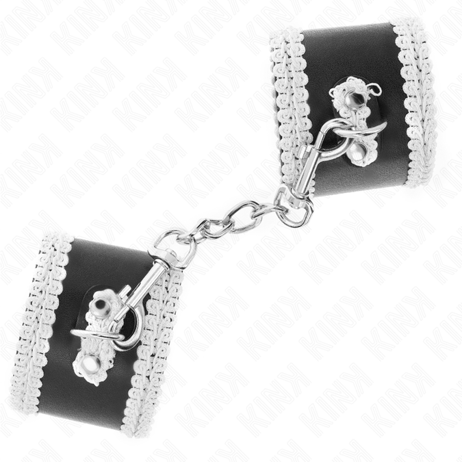 Kink – Black Wrist Restraints With White Decorate Lace Adjsutable 20 – 23 Cm X 5.5 Cm