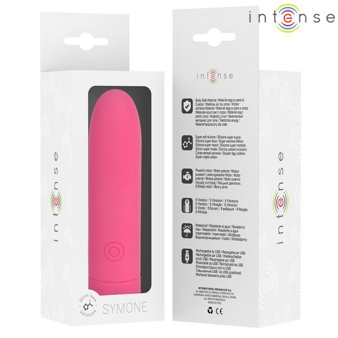 Intense – Symone USB wiederaufladbarer vibrierender Bullet mit 8 Vibrationsmodi, Pink, 10 x 2,2 cm