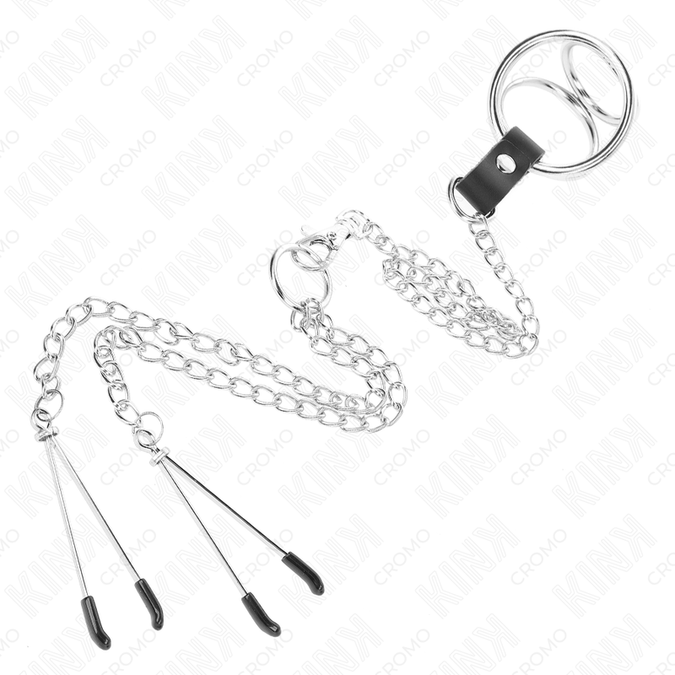 Kink – Triple Chrome Metal Penis Ring 3 Cm To 4.5 Cm With 26 Cm Metal Chain And Nipple Clips