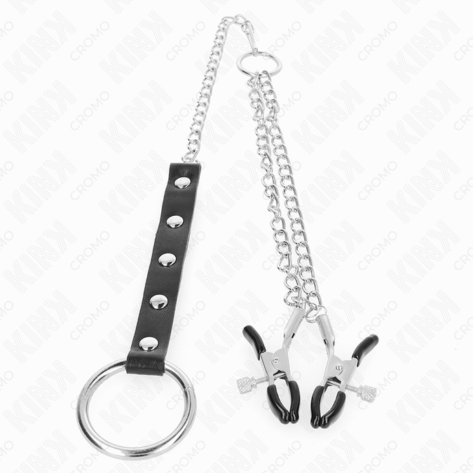 Kink – Metall-Penisring mit Kette und verstellbaren Brustwarzenklemmen