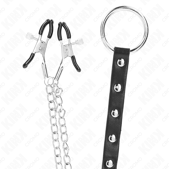 Kink – Metall-Penisring mit Kette und verstellbaren Brustwarzenklemmen